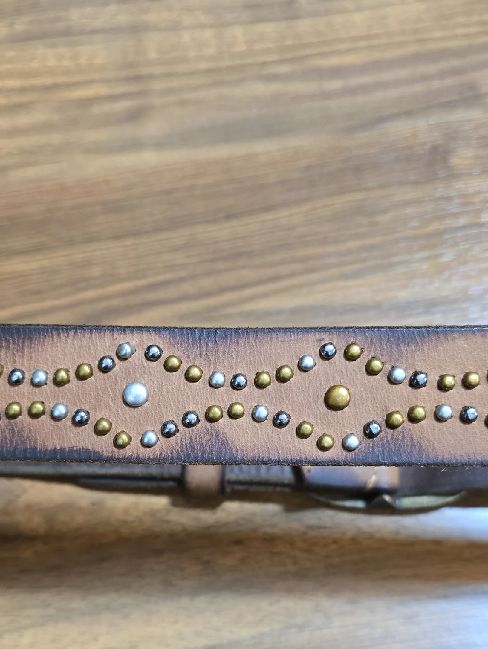 The Leathery Studded Brown Leather Belt with Antique Brass Buckle